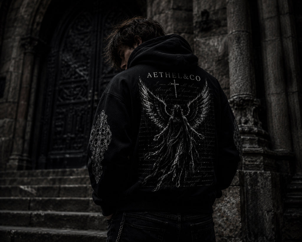 Aethel & Co. branded hoodie in front of cathedral